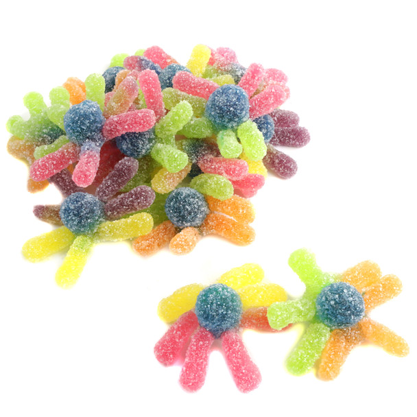 Rainbow Gummy Octopus candy, sour sugar coated, approx 64 vibrant multi-color octopi per pound.
