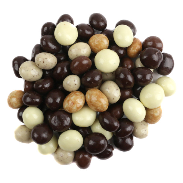 Mix of dark, milk, cappuccino, coffee & cream, and espresso chocolate covered NY espresso beans, approx. 150 per pound.