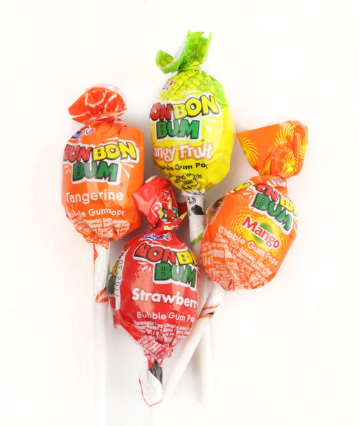 Bon Bon Boom Lollipops, assorted fruit flavors, strawberry, mango, tangerine, lulo. Bubble gum center. Approx 27 per pound.