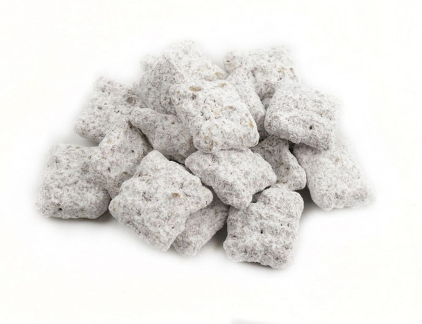 Sweet, salty Peanut Butter Monkey Crunch, chocolate and peanut butter coated rice cereal squares, dusted with white powdered sugar.