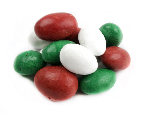 Festive red, white, green Christmas candy coated dark chocolate almonds, approx 100 per pound.
