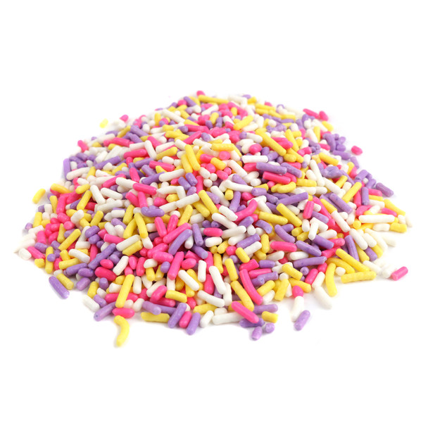 Pink, yellow, purple, white Spring Mix sprinkles. Decorettes for Easter treats, baking, and dessert toppings.