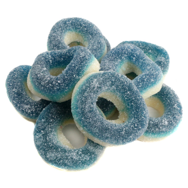 Kervan Blue Raspberry Gummy Rings, bright blue and white, approx 55 pieces per pound.