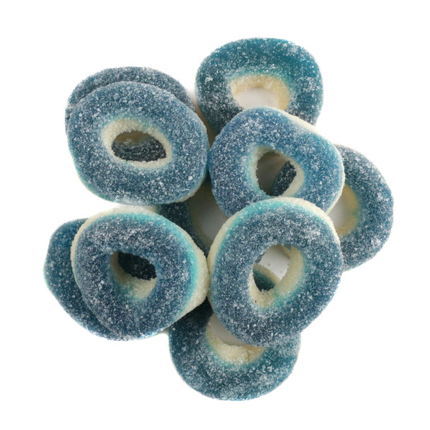 Kervan Blue Raspberry Gummy Rings, bright blue and white, approx 55 pieces per pound, delicious sweet treat.