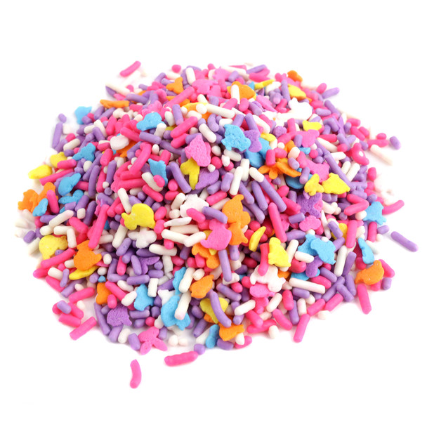 Colorful Easter bunny, chick, and duck sprinkles mix, ideal for decorating cookies and desserts.