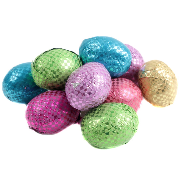 Crispy Milk Chocolate Easter Eggs, vibrant Easter colored foils, many crispy eggs for Easter baskets & celebrations.