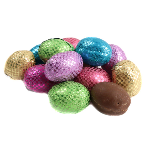 Crispy milk chocolate Easter eggs, approximately 63 per pound, wrapped in vibrant Easter-colored foils, Made in USA.