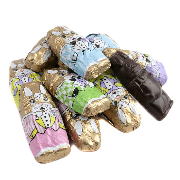 image of dark chocolate easter candy bunnies foil wrapped chocolates madelaine