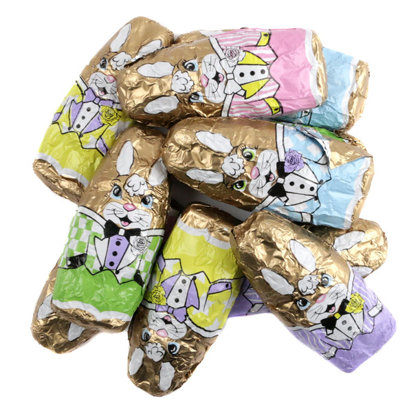 Dark chocolate Easter bunnies, 50 pieces per pound, solid dark chocolate, wrapped in assorted colored foils.