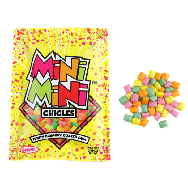 Mini Mini Chicles fruit chewing gum, tiny colorful pieces with a crunchy fruity shell, old-fashioned Chiclets Tiny Gum.