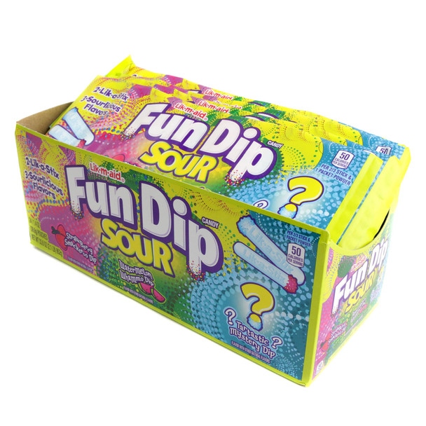24 Fun Dip Sour packs, red strawberry, green watermelon, mystery sour powder, each with 2 candy dipping sticks.