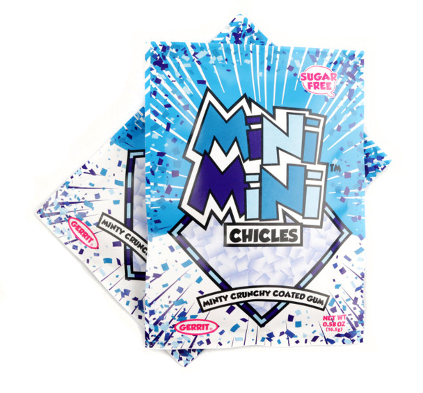 20 bags of Mini Mini Chicles sugar free tiny mint chewing gum. White crunchy pieces.