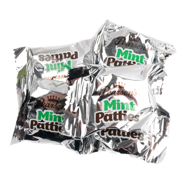 Dark chocolate Pearson Peppermint Patties, round, refreshing peppermint center, approx. 32 pieces per pound, USA made.