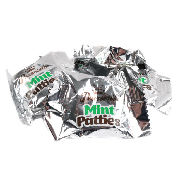 Pearson Peppermint Patties, dark chocolate coating, refreshing white peppermint centers, approx 32 patties per pound.