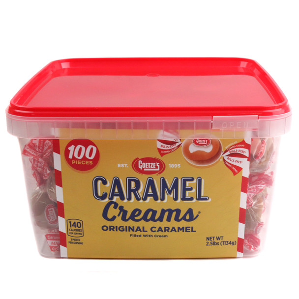 Goetze's Caramel Creams Vanilla, 100 pc tub. 2.5lb chewy caramel, creamy vanilla center, bullseye candy.
