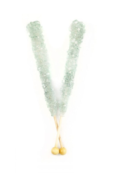 12 silver rock candy sticks, individually wrapped, shimmering and elegant, 6.5 inches long.