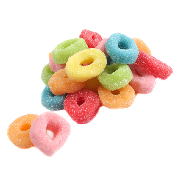Clever Candy rainbow-colored sour gummy rings, neon, coated in shimmering sour sugar. Approx 53 rings per pound.