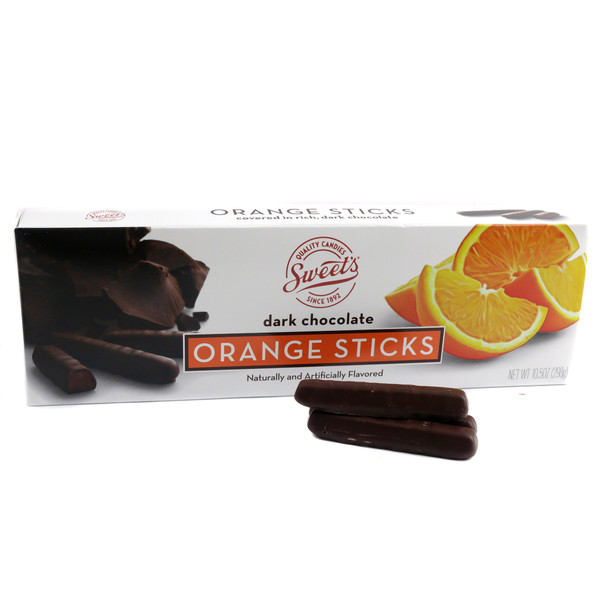 Sweets Dark Chocolate Orange Sticks, 10.5oz box with 32-34 pieces, featuring rich dark chocolate and bright orange centers.