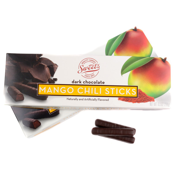 Sweets Dark Chocolate Mango Chili Sticks, 10.5oz, approximately 38 dark brown sticks with orange mango jelly & red chili.