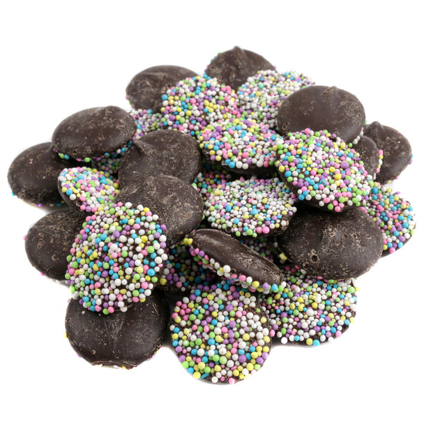 Dark chocolate Easter nonpareils, 1 pound with approximately 130 discs topped with pretty pastel sprinkles.