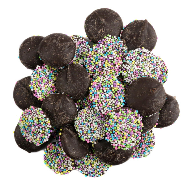 Creamy dark chocolate Easter nonpareils, discs with colorful pastel sprinkles, approximately 130 per pound.