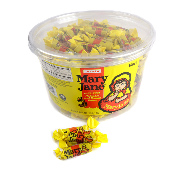 Mary Jane Candy tub, 20.4oz, approx 150 twist-wrapped yellow & red pieces. Molasses & peanut butter flavor.