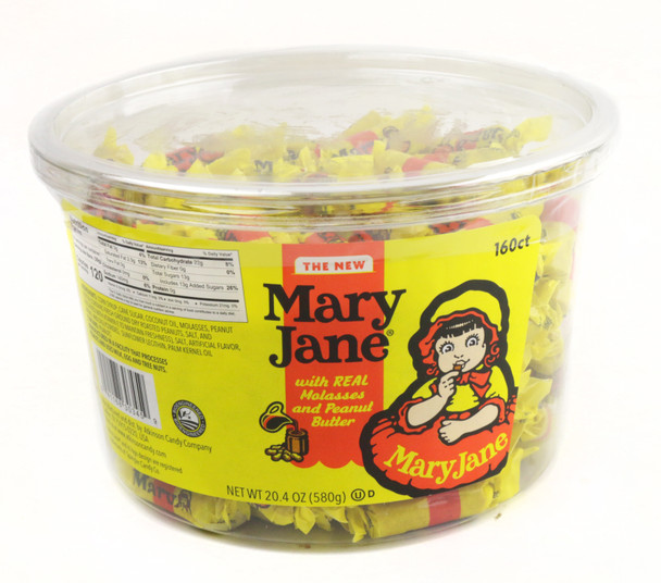 Mary Jane Candy tub, 150 twist-wrapped pieces, brown molasses and peanut butter flavors, classic little girl art.