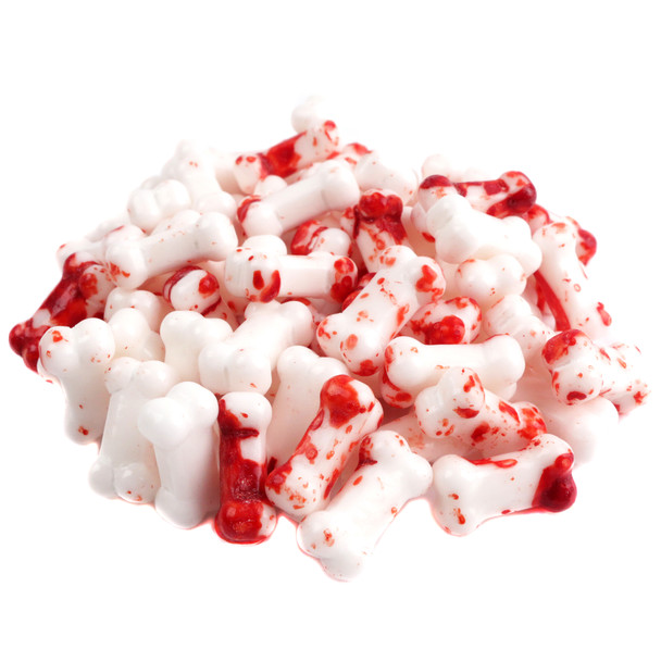 Bone-shaped white candy with red splatter for Halloween, approx 350 pieces per pound, tart pressed candy.