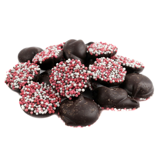 Valentine dark chocolate nonpareils by Reppert, red, pink, white sprinkles on 130 festive discs per lb.