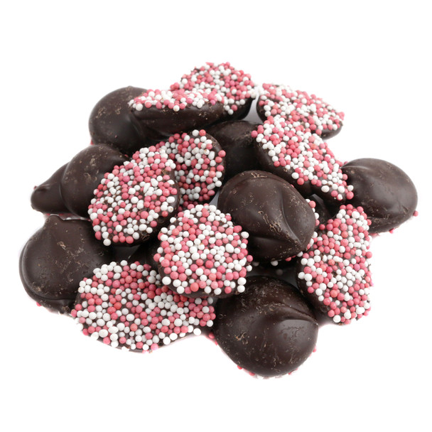 Reppert Valentine dark chocolate nonpareils, ~130 discs, with festive red, pink, and white nonpareils.