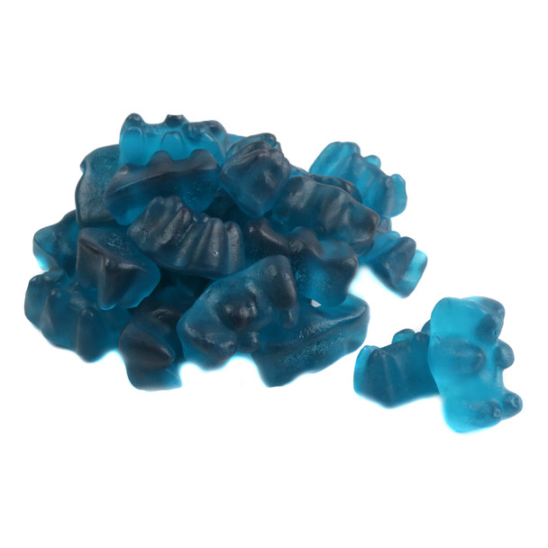 Bright blue raspberry gummy bears, many delicious pieces, approx. 125 per lb, tangy and sweet candy.