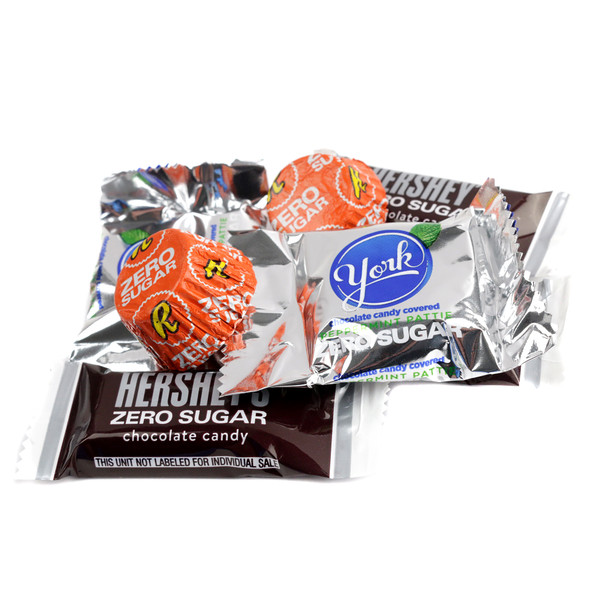 1lb Hershey's sugar free chocolate candy assortment. Approx 50 pieces, including brown milk chocolate, orange Reese's cups, dark York patties.