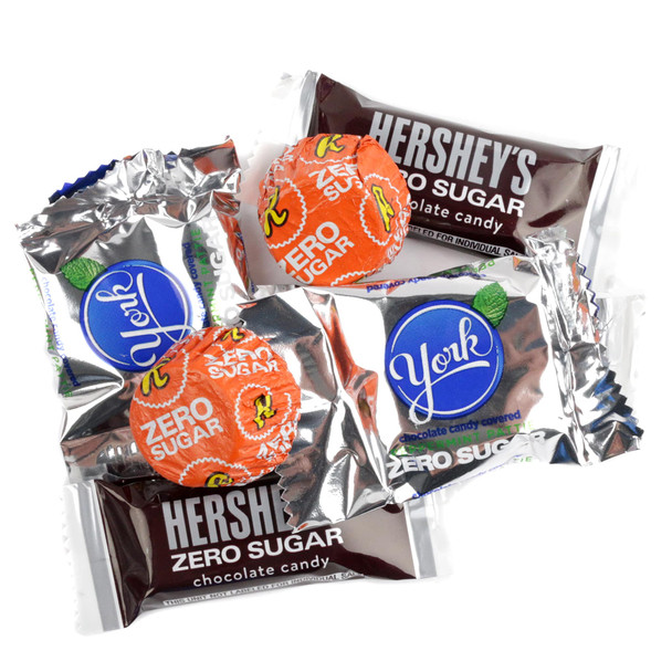 Hershey's Sugar Free Chocolate Candy Assortment, 1lb, 50 pieces. Brown, orange, blue wrapped milk chocolate, Reese's, York.