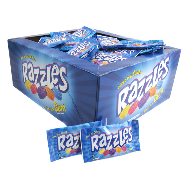 240 Fun Size Razzles candy pieces, round, vibrant purple, orange, red, yellow, blue. Candy that turns to gum.