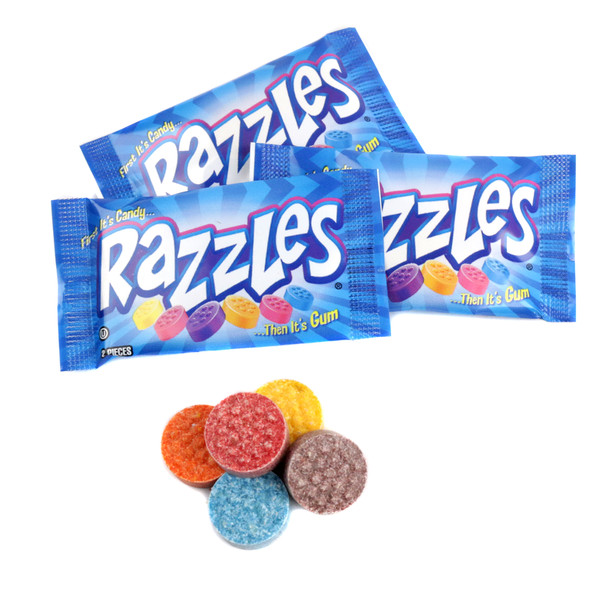 240 fun size Razzles candy, gum pieces in a box. Multi-colored: grape, orange, raspberry, lemon, blueberry.