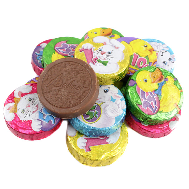 Palmer Bunny Munny Double Crisp Chocolate Coins, approx 48 per pound, festive colorful Easter bunny wrappers.