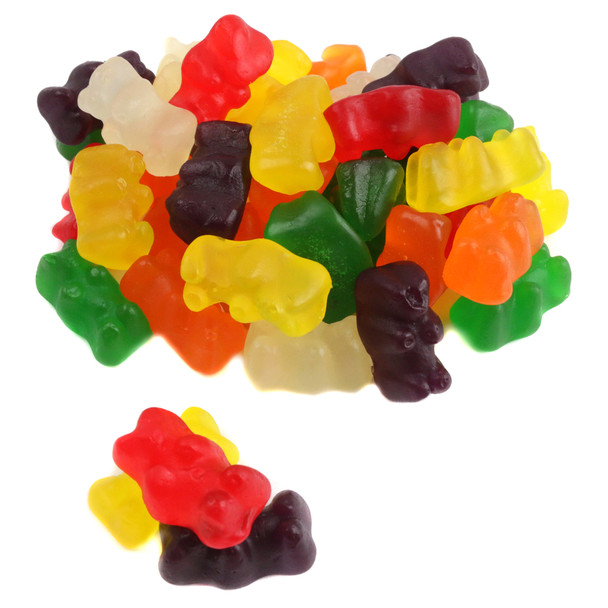 Bright, rainbow colored, fruity flavored Sugar Free Gummy Bears, approx. 130 per pound.