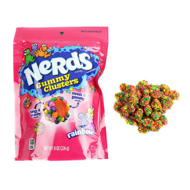 Vibrant Rainbow Nerds Gummy Clusters, crunchy candy shell, chewy center. Lemonade, strawberry, grape flavors. Approx 200 per pound.