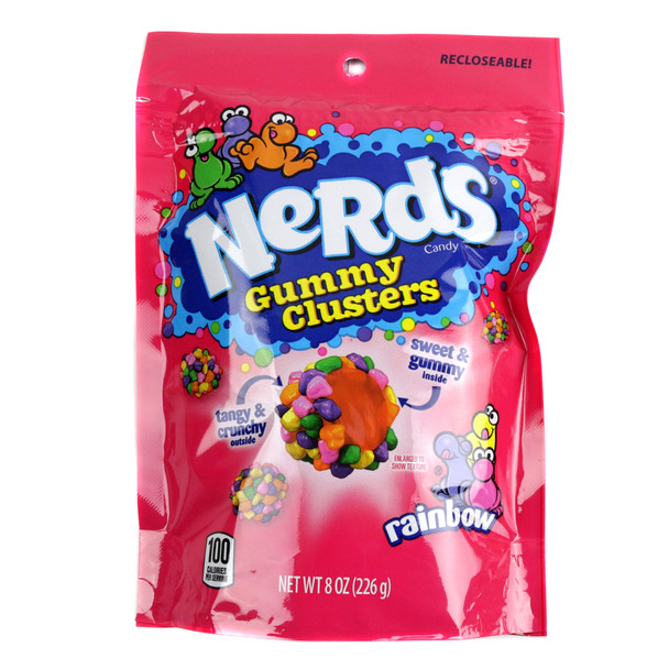 Rainbow Nerds Gummy Clusters, vibrant crunchy candy bites with chewy centers, assorted lemon, strawberry, grape flavors.