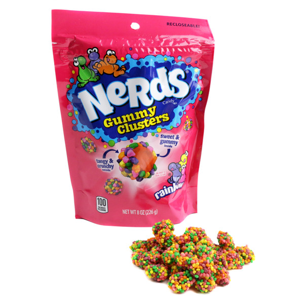 Vibrant rainbow Nerds Gummy Clusters, crunchy and chewy, with approx. 200 clusters per pound.