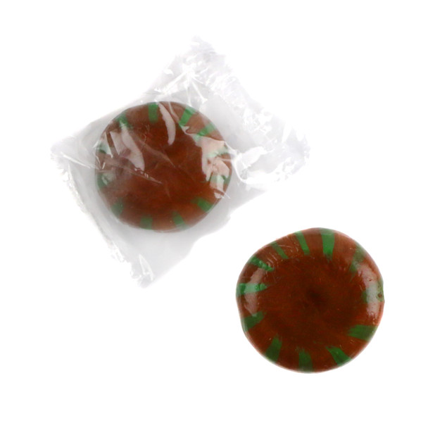 Chocolate Mint Hard Candy, green stripes, brown center starlight mints, approx 80 pieces per pound, individually wrapped.