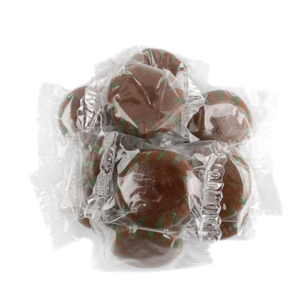 Chocolate Mint Hard Candy with green stripes, brown center, 80 individually wrapped starlight mint pieces per pound.