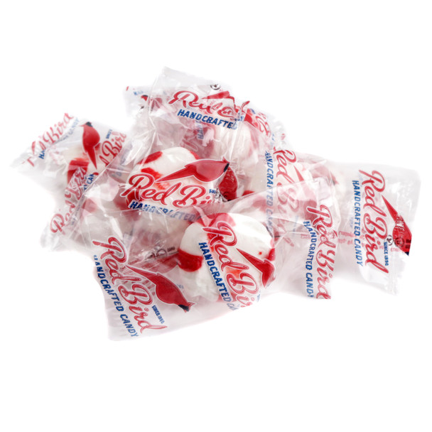 Individually wrapped Red Bird Peppermint Puffs, white and red candy, refreshing minty taste, approx 65 per pound.