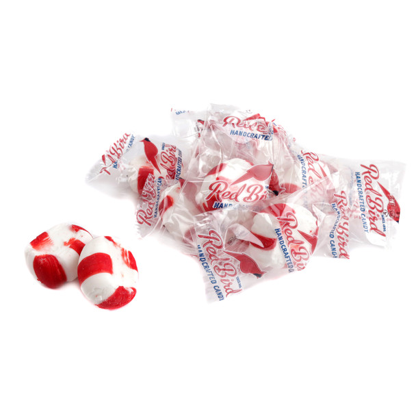 Red Bird white and red peppermint puffs, individually wrapped, soft, puffy texture, refreshing mint, approx. 65 per pound.
