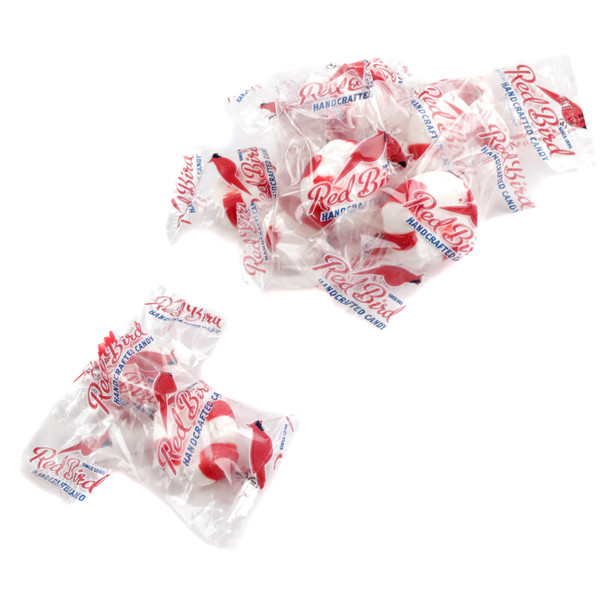 Red Bird Peppermint Puffs, white & red individually wrapped soft mint candies, approx 65 per lb.