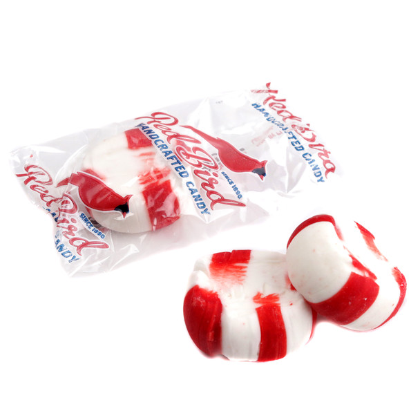 Red Bird Peppermint Puffs, soft white and red, individually wrapped. Approximately 65 pieces per pound.