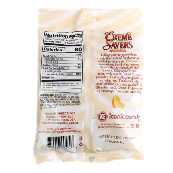 3oz bag Creme Savers Orange & Creme hard candy, vibrant orange & white swirls, individually wrapped pieces.