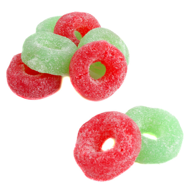 Red and Green jelly Christmas wreath candies, sugar-coated, cherry and lime flavors. Approximately 28 per pound.