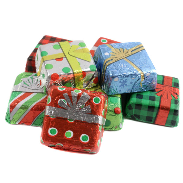 Colorful festive chocolate Christmas presents, individually foil-wrapped, 1-inch smooth chocolate candies, 48 per pound.