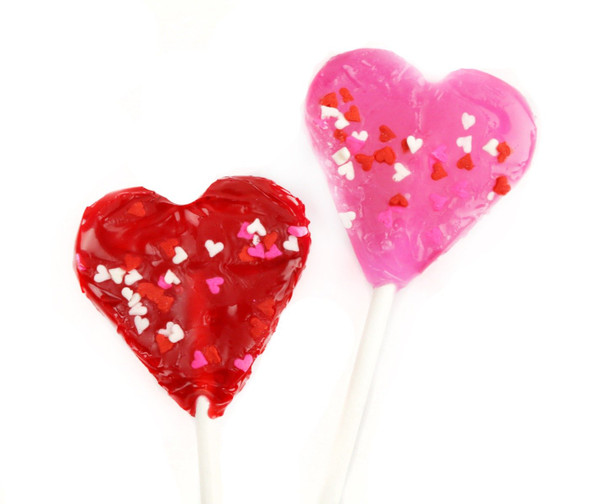 Six Mini Heart Shaped Lollipops, assorted red, pink, purple, with mini candy confetti hearts.